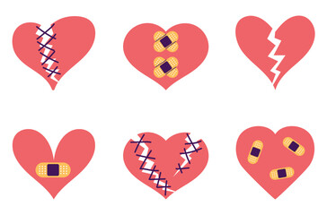 Broken heart sad character face bandage crack isolated set. Vector graphic design illustration