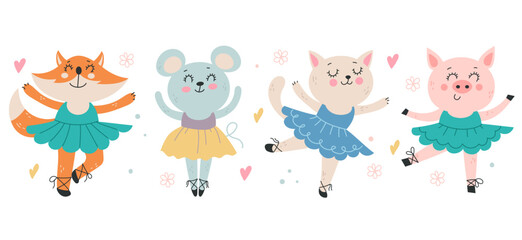 Cute ballet animal dance isolated set. Vector graphic design illustration
