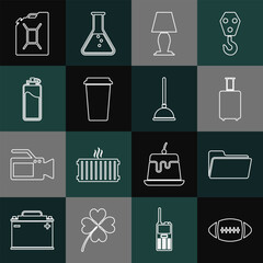 Set line American Football ball, Folder, Travel suitcase, Table lamp, Coffee cup, Sport bottle with water, Canister for gasoline and Rubber plunger icon. Vector