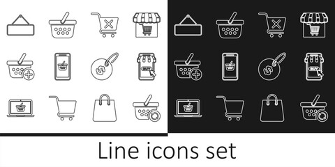 Set line Refresh shopping basket, Mobile and cart, Remove, Add to Shopping, Signboard hanging, Price tag with dollar and icon. Vector