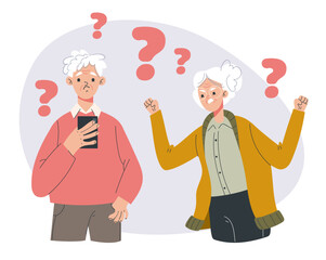 Old think people grandma grandpa retirement confused isolated set. Vector graphic design illustration
