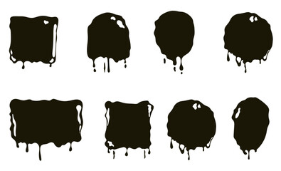 Drip black paint melt ink oil liquid isolated set. Vector graphic design illustration