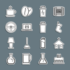 Set line Cake with burning candles, Church building, Christmas sock, Fitness shaker, Laptop envelope, Steering wheel, Coffee cup and icon. Vector