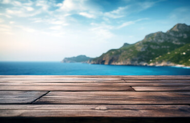 Wooden Table Top And Blur mountain and sea blue sky of the Background. High quality photo