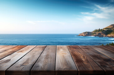 Fototapeta na wymiar Wooden table top on blurred background of sea island and blue sky. High quality photo