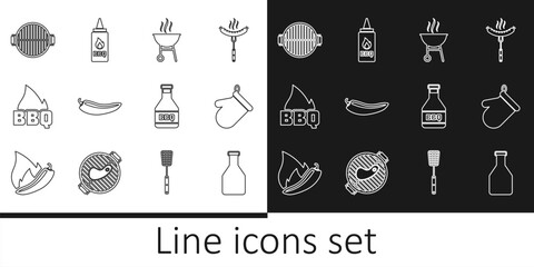 Set line Ketchup bottle, Oven glove, Barbecue grill, Hot chili pepper pod, fire flame, and icon. Vector