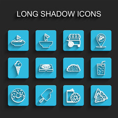 Set line Donut, Ice cream, Nachos in plate, Aluminum can soda and donut, Pizza cardboard box, Glass with water and Taco tortilla icon. Vector