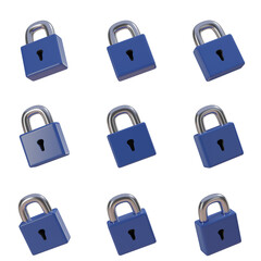 Set of blue locks, Set of 3d locks with transparent background, PNG, Blue