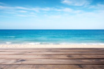 Fototapeta na wymiar Wooden deck table on the background of the beach ocean scape and blue sky background. High quality photo