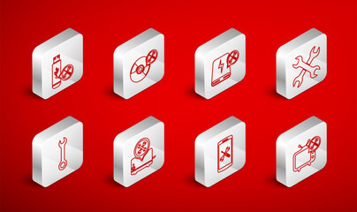 Set line Tv service, CD or DVD disk, Power bank, Crossed wrenchs, Smartphone, USB flash drive, Toaster and Wrench icon. Vector