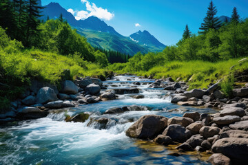 Naklejka na ściany i meble Mountain stream with fast water in summer time in Kazakhstan