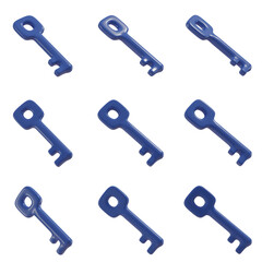 Set of blue keys, Set of 3d keys with transparent background, PNG, Blue