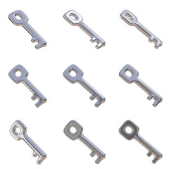 Set of silver keys, Set of 3d keys with transparent background, PNG, Silver