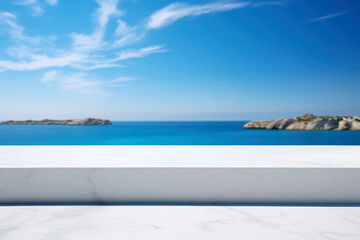 White marble table top with sea view background - can be used for display or montage your products. High quality photo