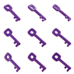 Set of purple keys, Set of 3d keys with transparent background, PNG, Purple