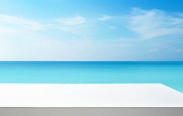 Fototapeta na wymiar Empty white table with sea and sky background. For product display. High quality photo