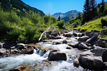 Naklejka na ściany i meble Mountain stream with fast water in summer time in Kazakhstan