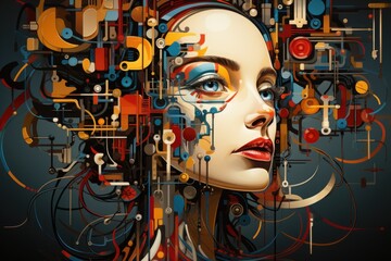 A woman's face is surrounded by various colored circles. Generative AI.