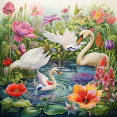 Painting of a swan in a pond full of flowers generative ai