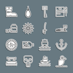 Set line Pirate parrot, Anchor, Treasure and riches, key, Ship steering wheel, game dice, Leather pirate boots and sword icon. Vector