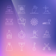 Set line Crossed pirate swords, Ship, Treasure and riches, Pirate parrot, hat, Boat with oars, and steering wheel icon. Vector