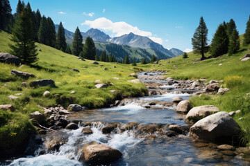 Fototapeta na wymiar Mountain stream with fast water in summer time in Kazakhstan