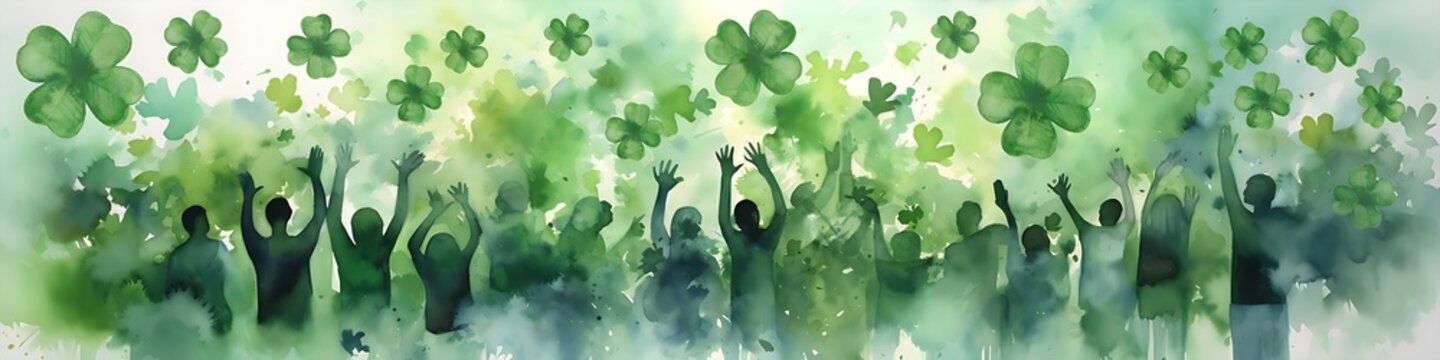 St. Patrick's Day Party People, Watercolor Illustration with Four-Leaf Clovers Template for Poster, Cards, Banner, Background