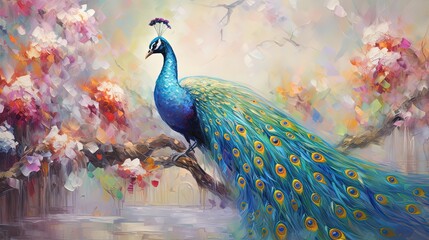 Fototapeta premium painting style illustration, beautiful peacock in flower garden, Generative Ai