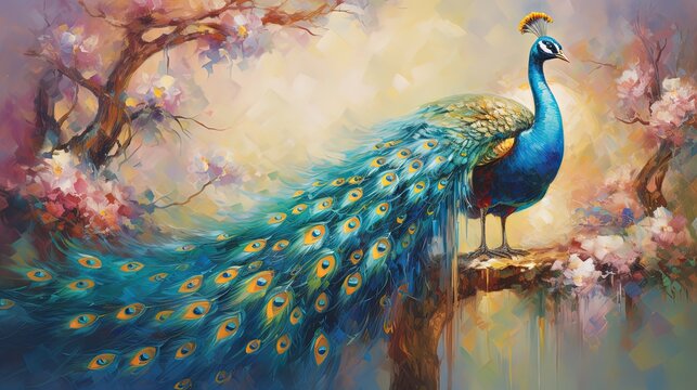 painting style illustration, beautiful peacock in flower garden, Generative Ai © QuietWord
