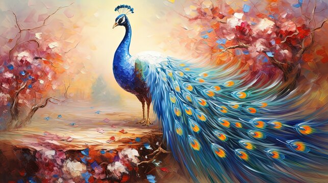 painting style illustration, beautiful peacock in flower garden, Generative Ai