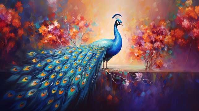 painting style illustration, beautiful peacock in flower garden, Generative Ai