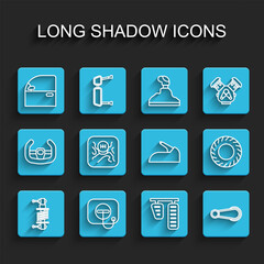 Set line Shock absorber, Oil filler cap at gas station, Car door, and brake pedals, handle, Gear shifter, tire and handbrake icon. Vector