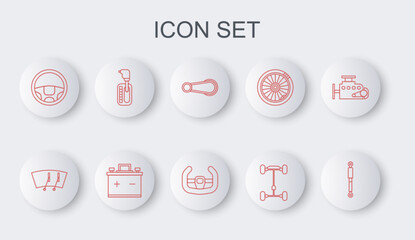 Set line Shock absorber, Windscreen wiper, Car door handle, Chassis car, Steering wheel, Gear shifter, battery and Sport steering icon. Vector