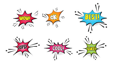 Set of speech bubbles. Set comics book balloon. Bubble speech phrase. Halftone shadows. Cartoon exclusive font label tag expression. Comic text sound effects. Cartoon balloon word design.
