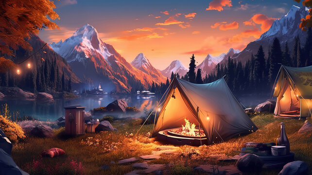 Image of a beautiful mountain landscape with a camp with a tent. Generative Ai