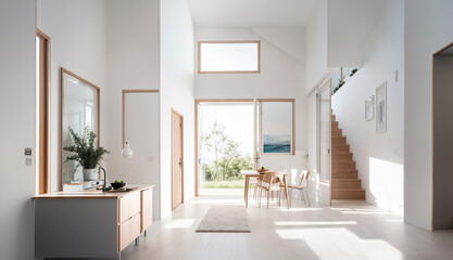 Modern bright interior living room idea with large windows