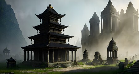 Obraz premium ruins of a buddhist temple, temple in ruines, forest, cinematic epic + rule of thirds octane render, Generative AI, Generative, AI