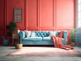 the interior of the living room with a blue sofa bright red wall, AI Generation