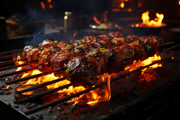 Grilled beef steak with vegetables, barbecue with fire and smoke, AI Generated