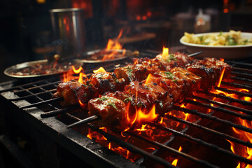Grilled beef steak with vegetables, barbecue with fire and smoke, AI Generated