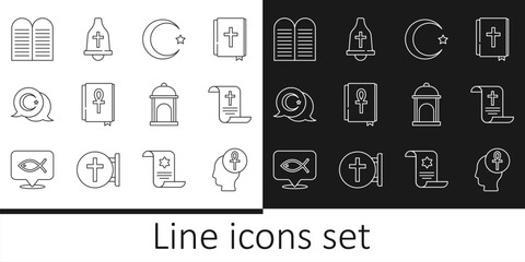Set line Cross ankh, Decree, paper, parchment, scroll, Star and crescent, book, The commandments, Muslim Mosque and Church bell icon. Vector