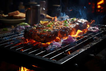 Grilled beef steak with vegetables, barbecue with fire and smoke, AI Generated