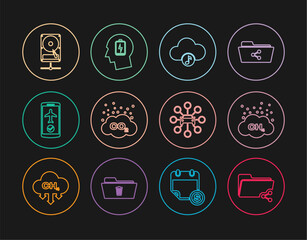 Set line Share folder, Methane emissions reduction, Music streaming service, CO2 cloud, Flight mode the mobile, Hard disk drive sharing network, Car and Head with low battery icon. Vector