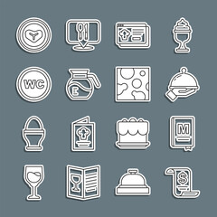 Set line Paper or financial check, Restaurant cafe menu, Covered with tray of food, Online ordering and delivery, Coffee pot, Toilet, Steak meat on plate and Cheese icon. Vector