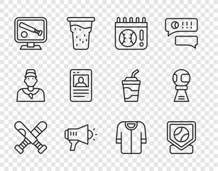 Set line Crossed baseball bat, Baseball, Calendar with game, Megaphone, Monitor, card, t-shirt and Award cup icon. Vector