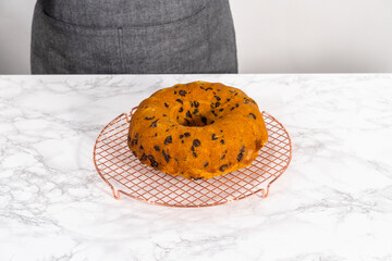 Chocolate pumpkin bundt cake with toffee glaze