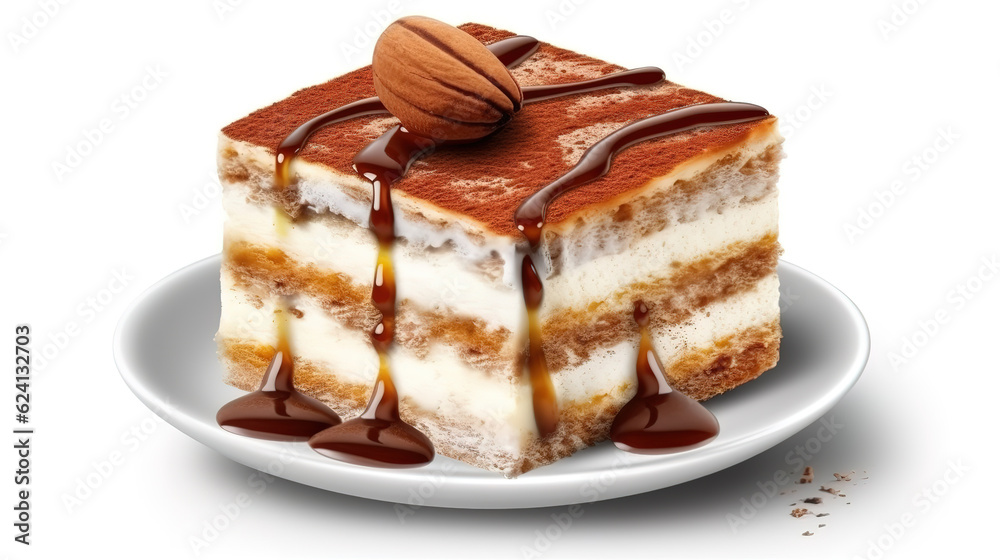 Wall mural Tiramisu cake isolated on white. Generative Ai