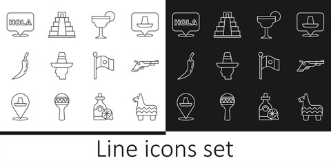 Set line Pinata, Vintage pistols, Margarita cocktail, Mexican man sombrero, Hot chili pepper pod, Hola, Mexico flag and Chichen Itza Mayan icon. Vector © vector_v