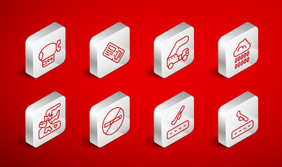 Set line Plane landing, Airline ticket, Passenger ladder, Cloud with rain, takeoff, Airship, No Smoking and crash icon. Vector