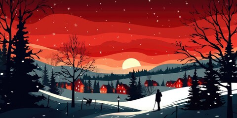 Fototapeta na wymiar Generative AI. Vector illustration of winter countryside landscape with a lot of snow and forest. New year background concept. Snowy forest at night in winter. 